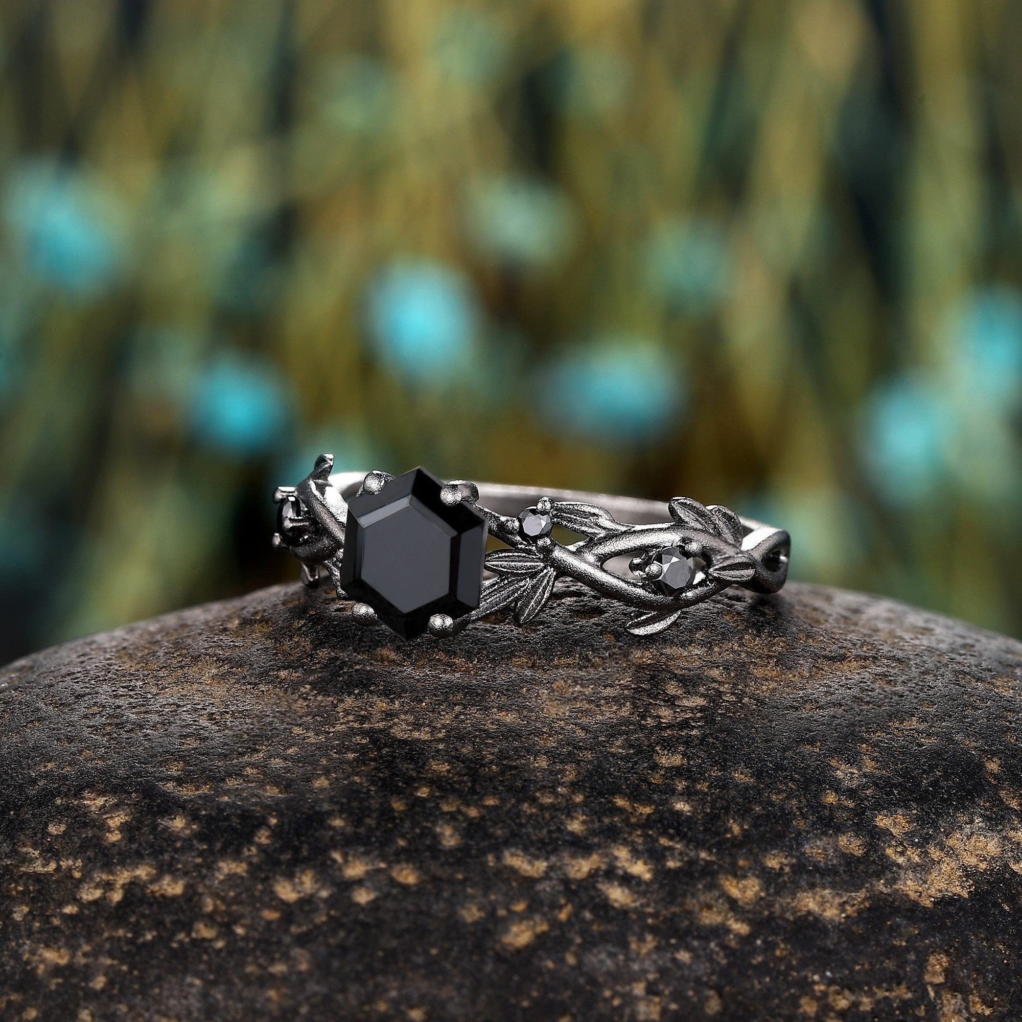 Hexagon Shaped Natural Black Onyx S925 Ring Twig Nature Inspired Bridal Engagement Ring - anerjuly