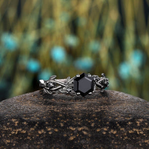Hexagon Shaped Natural Black Onyx S925 Ring Twig Nature Inspired Bridal Engagement Ring - anerjuly