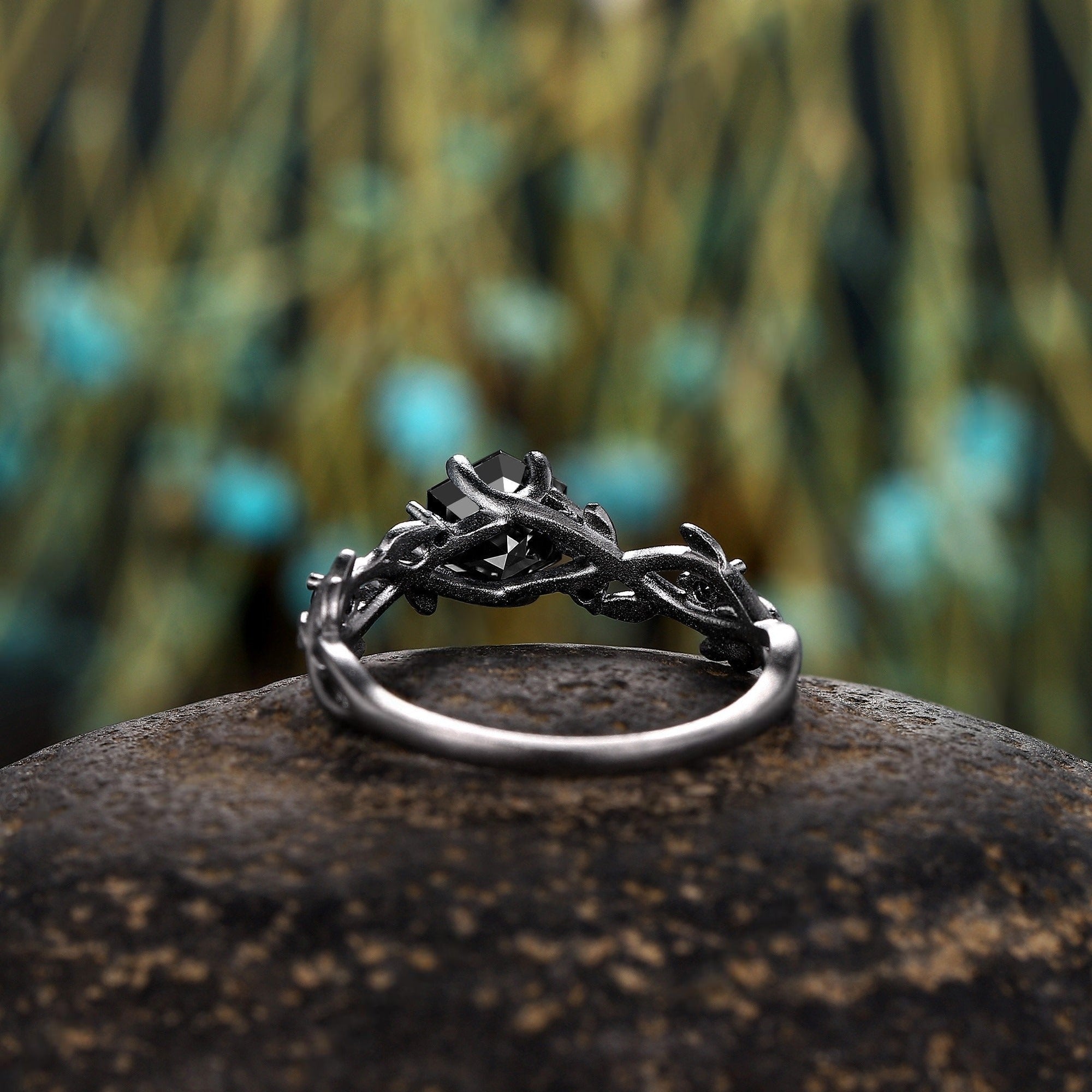 Hexagon Shaped Natural Black Onyx S925 Ring Twig Nature Inspired Bridal Engagement Ring - anerjuly