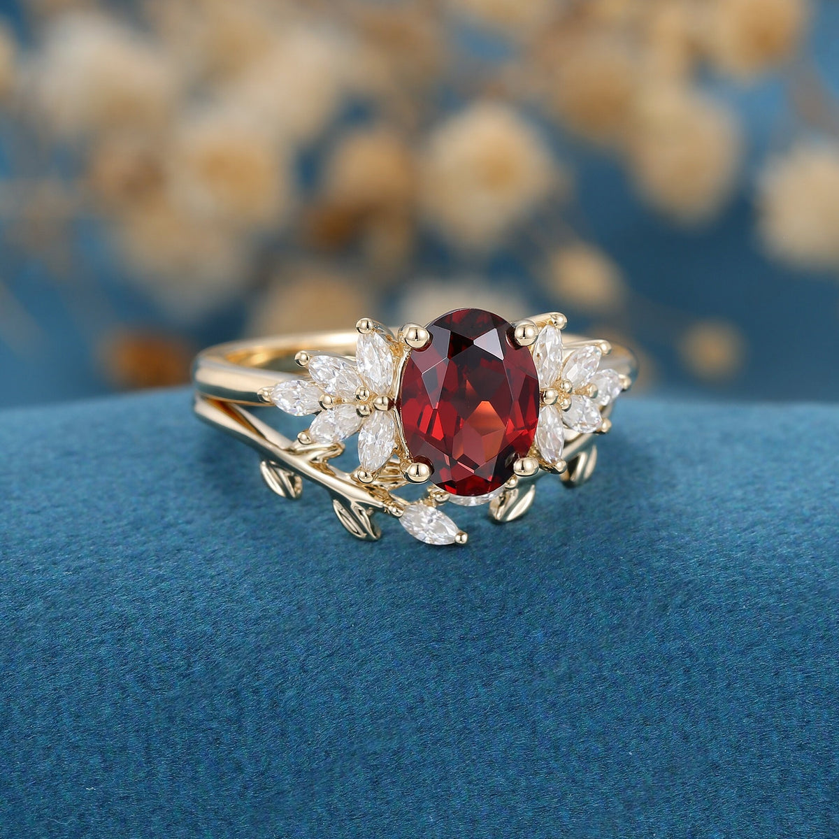Vintage Leaf Oval Red Garnet Engagement Ring Set