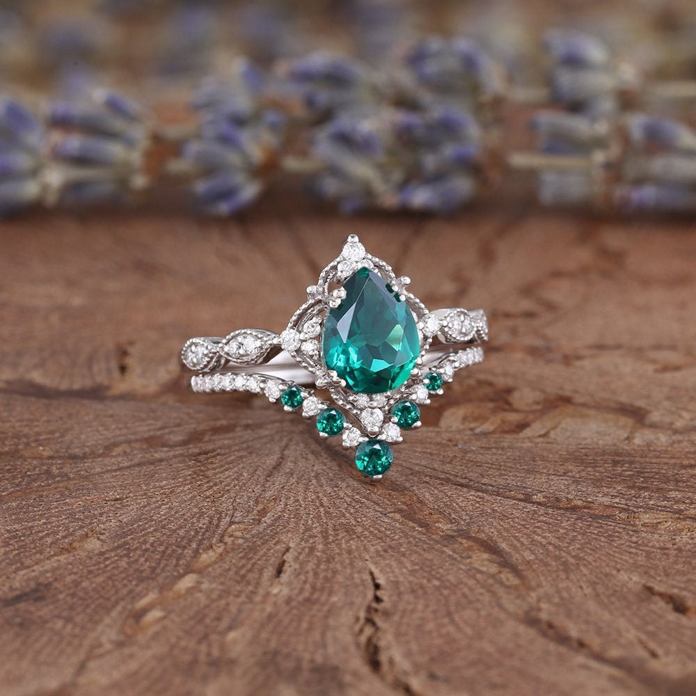 Unique Emerald Pear Cut Bridal Set Green Opal Tungsten Unique His and Hers Rings Couple Ring