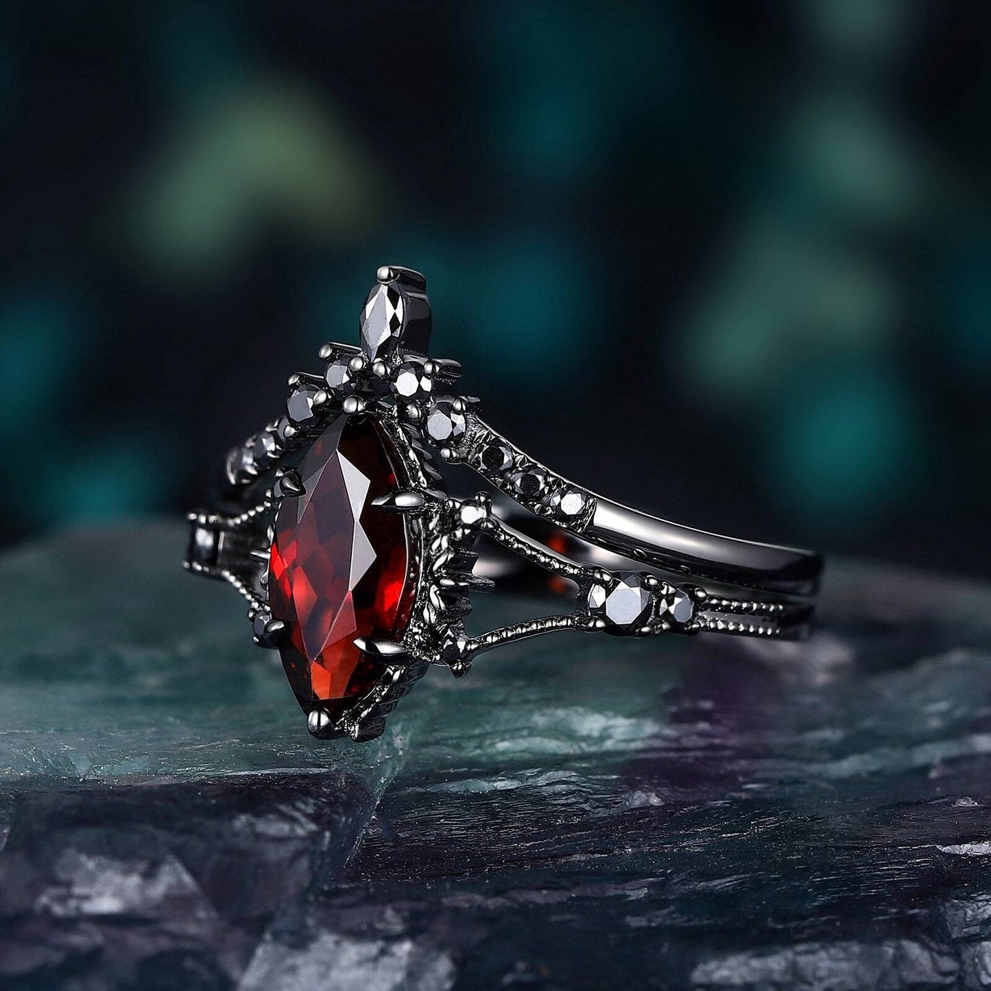 Marquise Red Couples Ring Set Garnet Engagement Ring Set Black Gold Couple Rings Tungsten Wedding Band Promise Ring for Her