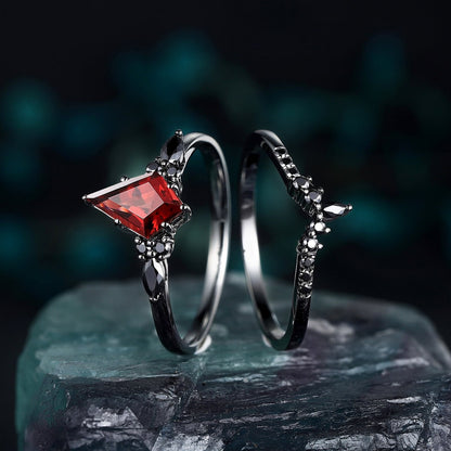 Red Couples Ring Set Garnet Engagement Ring Set Black Gold Couple Rings Tungsten Wedding Band Promise Ring for Her