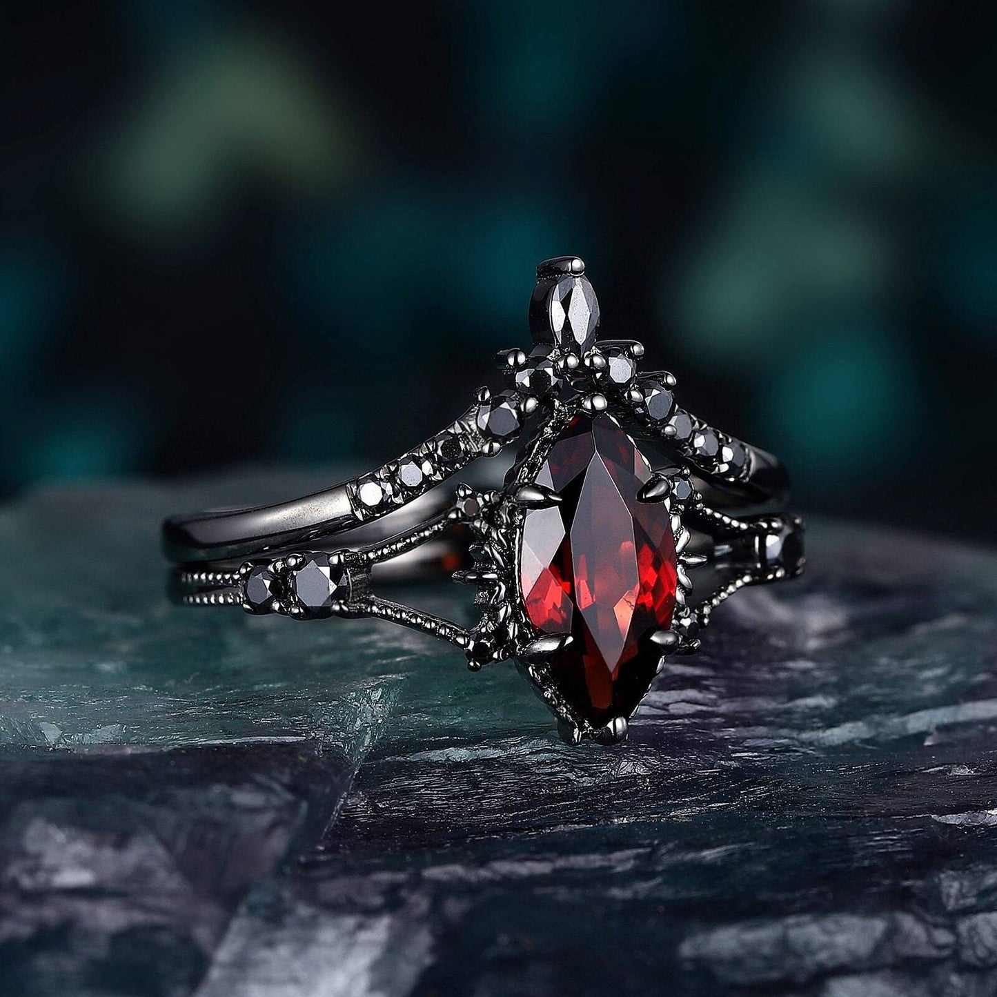 Marquise Red Couples Ring Set Garnet Engagement Ring Set Black Gold Couple Rings Tungsten Wedding Band Promise Ring for Her