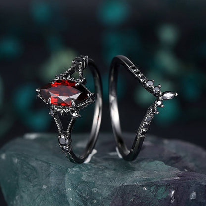 Marquise Red Couples Ring Set Garnet Engagement Ring Set Black Gold Couple Rings Tungsten Wedding Band Promise Ring for Her