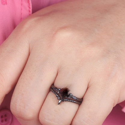 Red Couples Ring Set Garnet Engagement Ring Set Black Gold Couple Rings Tungsten Wedding Band Promise Ring for Her