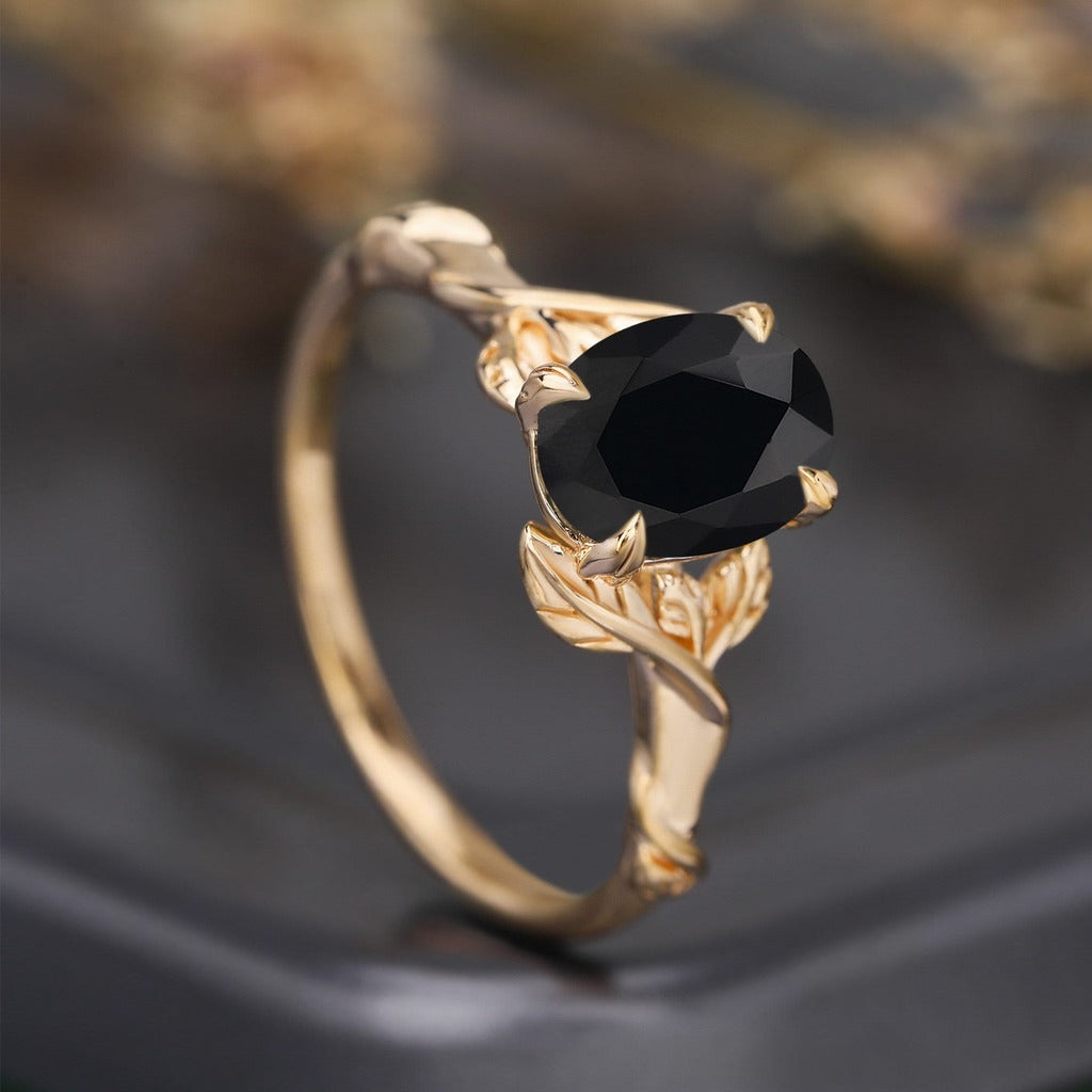 Leaf & Vine Oval Black Onyx Engagement Ring