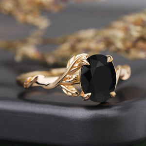 Leaf & Vine Oval Black Onyx Engagement Ring