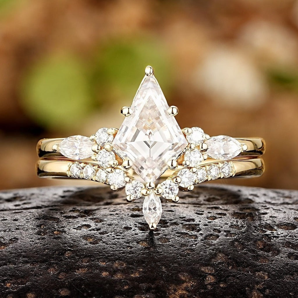 Kite Cut White Moissanite Engagement Ring Set
