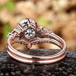 Vintage Cluster Round Cut White Moissanite Engagement Ring Set