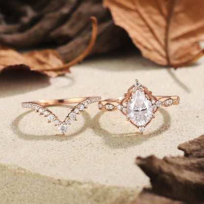 Rose Gold Pear Cut Bridal Set Couple Ring Set His and Her Engagement Ring matching rings