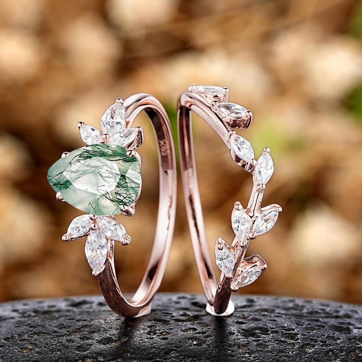 Pear shaped Nature Sterling Silver Moss Agate Ring Set Engagement Ring