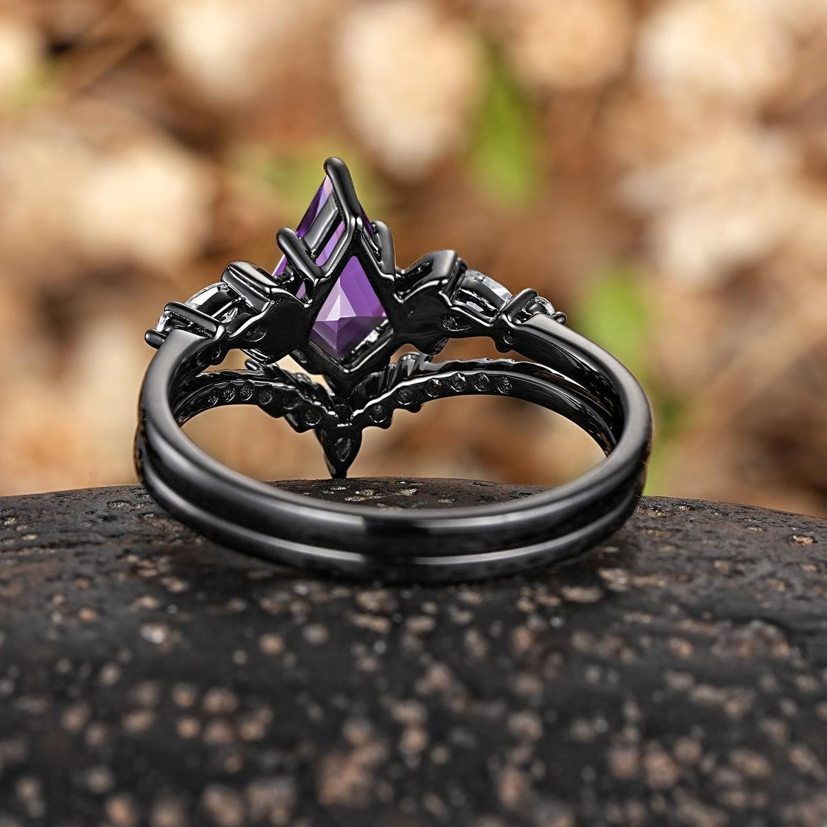 Kite Cut Purple Amethyst Engagement Ring Set