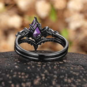 Kite Cut Purple Amethyst Engagement Ring Set