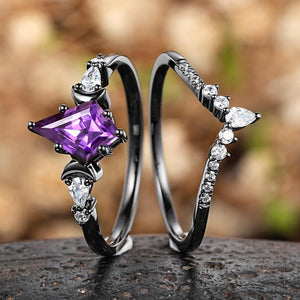 Kite Cut Purple Amethyst Engagement Ring Set