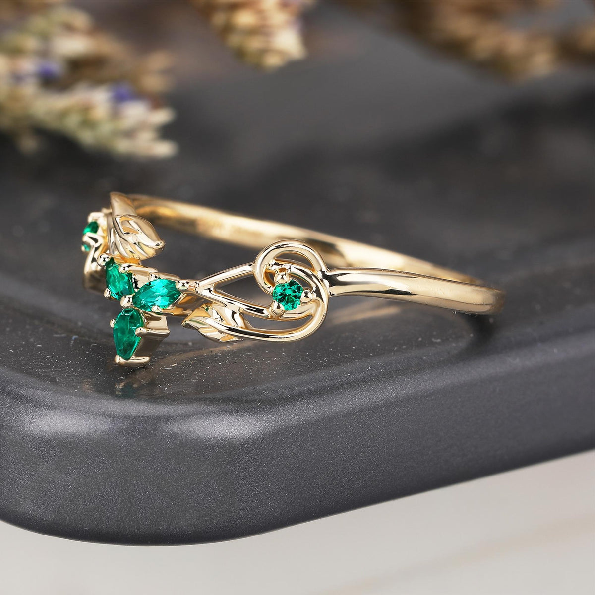 Nature Inspired Leaf & Vine Emerald Curved Wedding Band