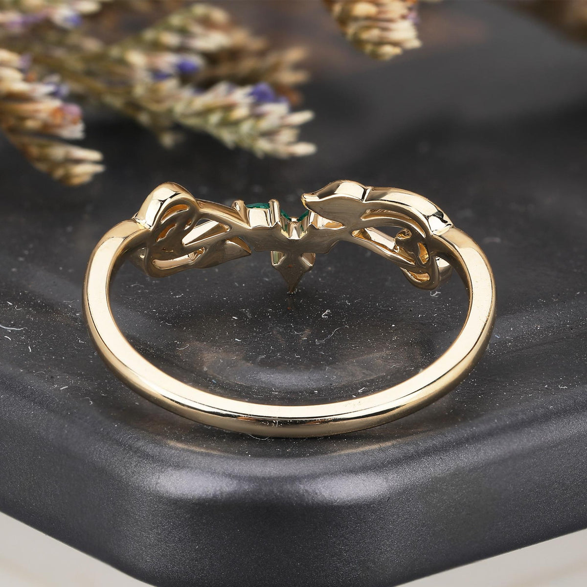 Nature Inspired Leaf & Vine Emerald Curved Wedding Band