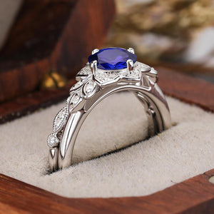 Floral Cluster Round Blue Sapphire Engagement Ring Set