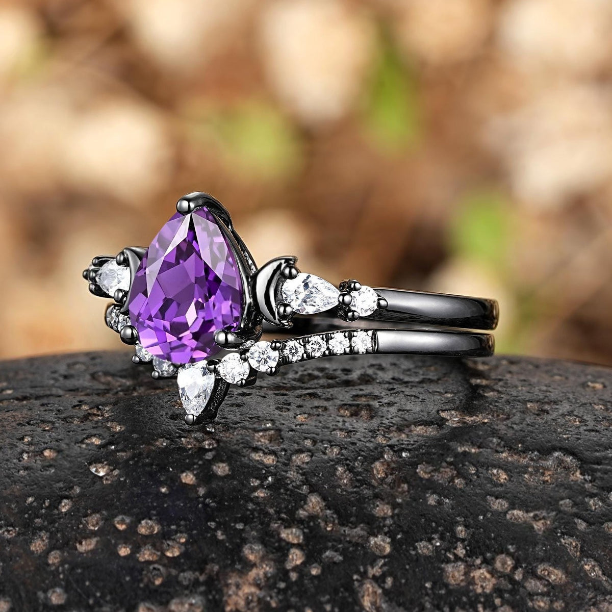 Pear Cut Amethyst Engagement Ring Crescent Moon Bridal Set Promise Ring For Women