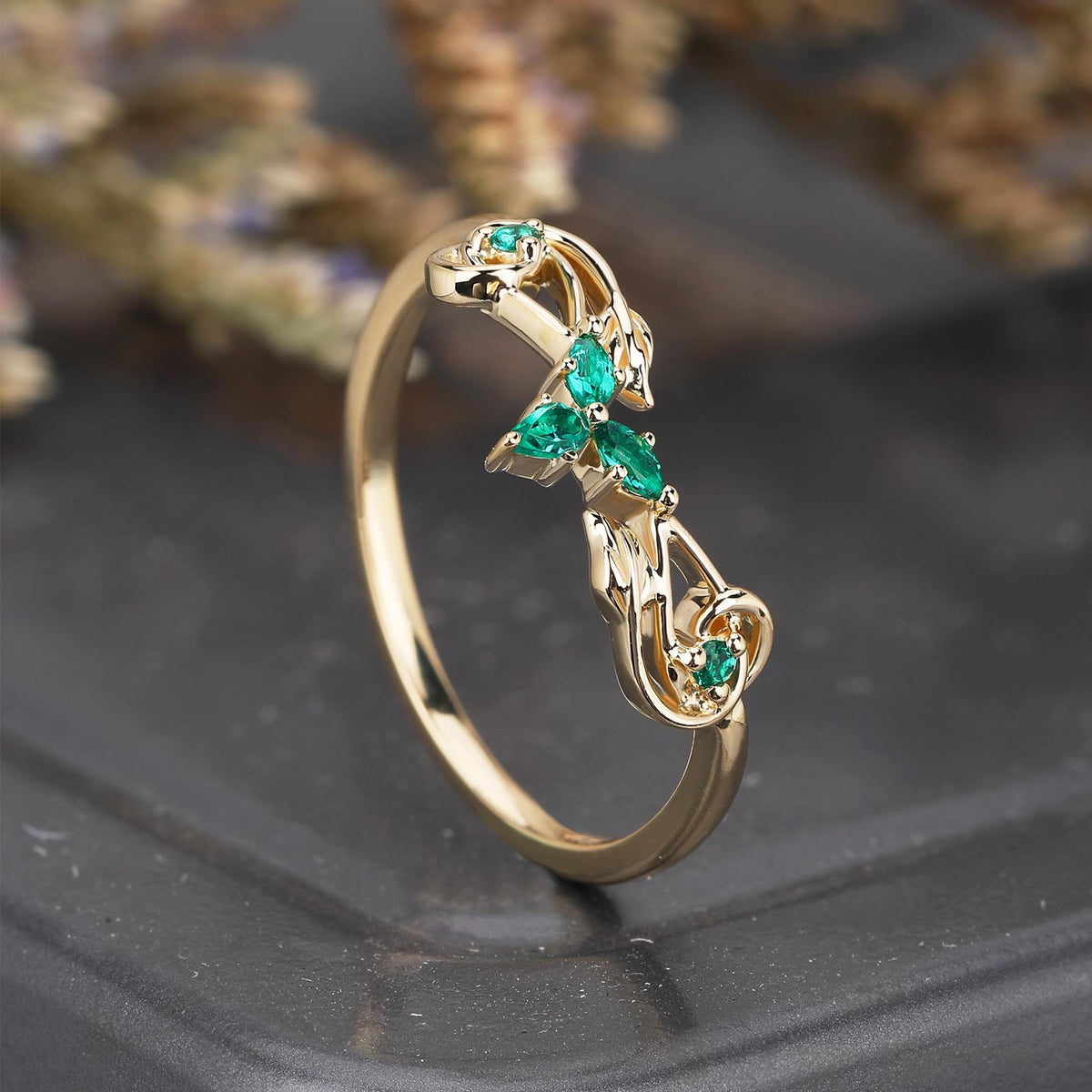 Nature Inspired Leaf & Vine Emerald Curved Wedding Band
