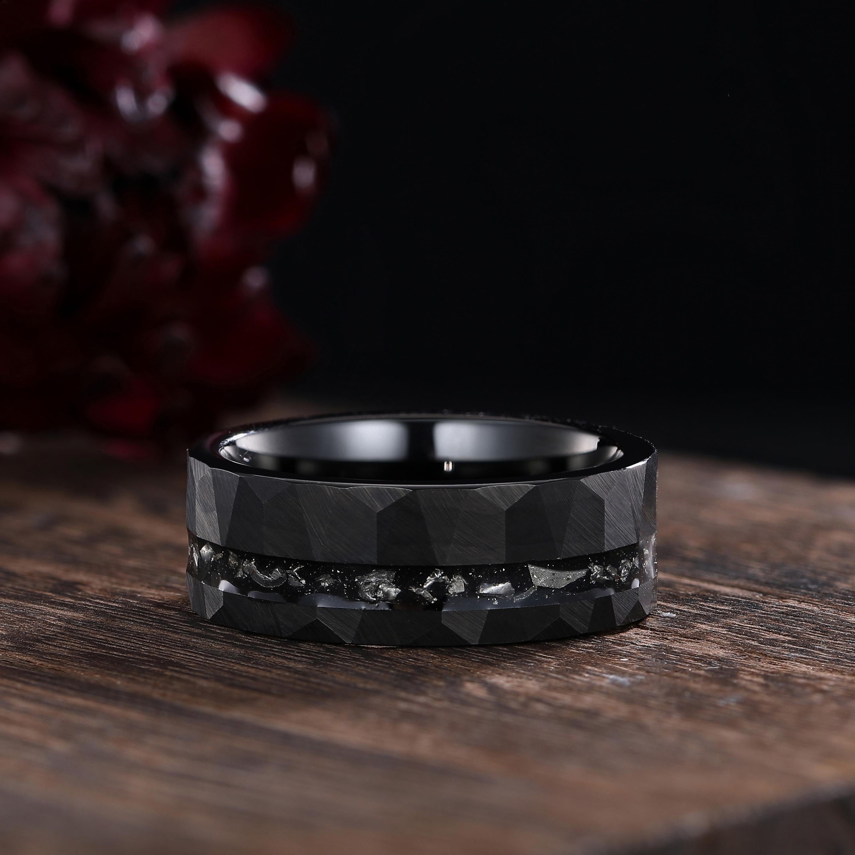 Hammered Meteorite Inlay Black Gold  String Ring Men's Tungsten Ring