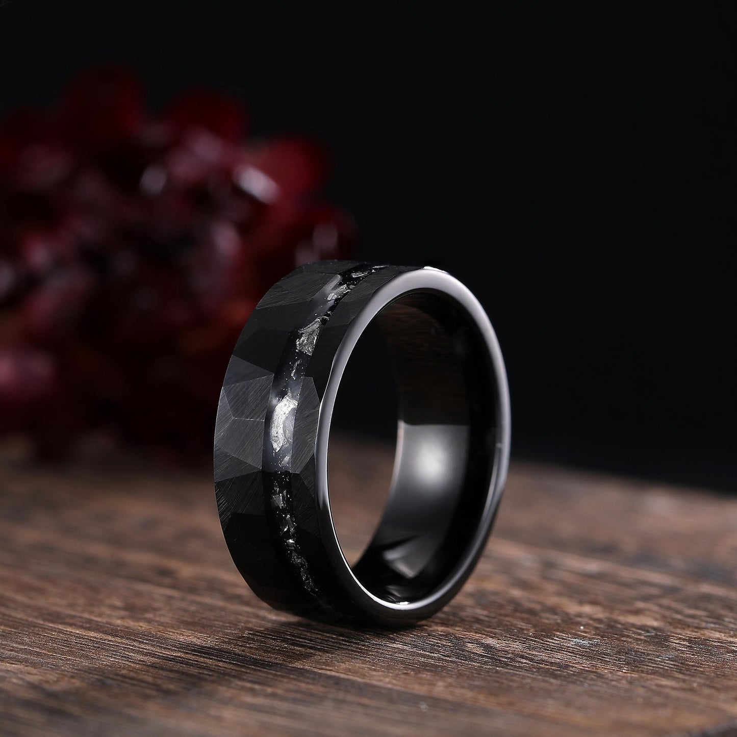 Hammered Meteorite Inlay Black Gold  String Ring Men's Tungsten Ring