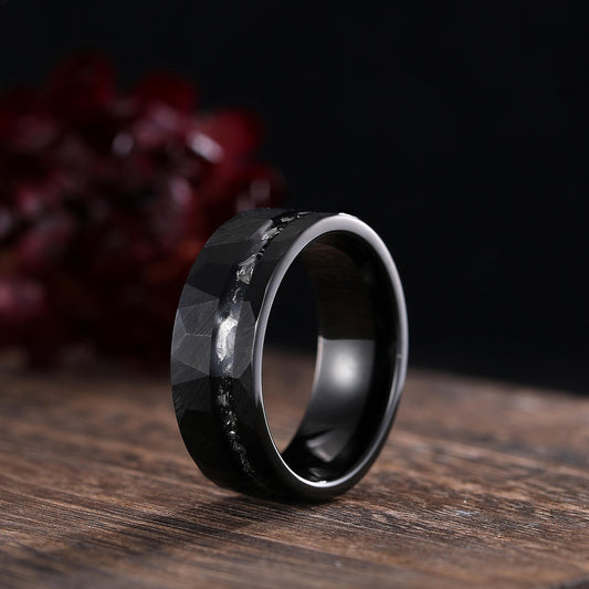 Hammered Meteorite Inlay Black Gold  String Ring Men's Tungsten Ring