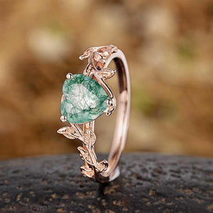 Nature Inspired Heart Cut Green Moss Agate Engagement Ring