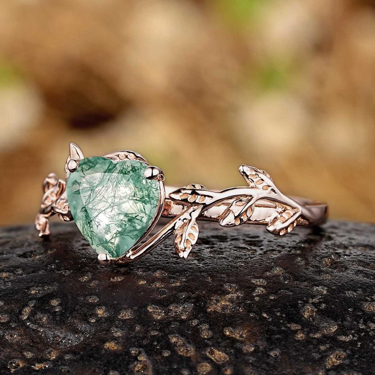 Nature Inspired Heart Cut Green Moss Agate Engagement Ring