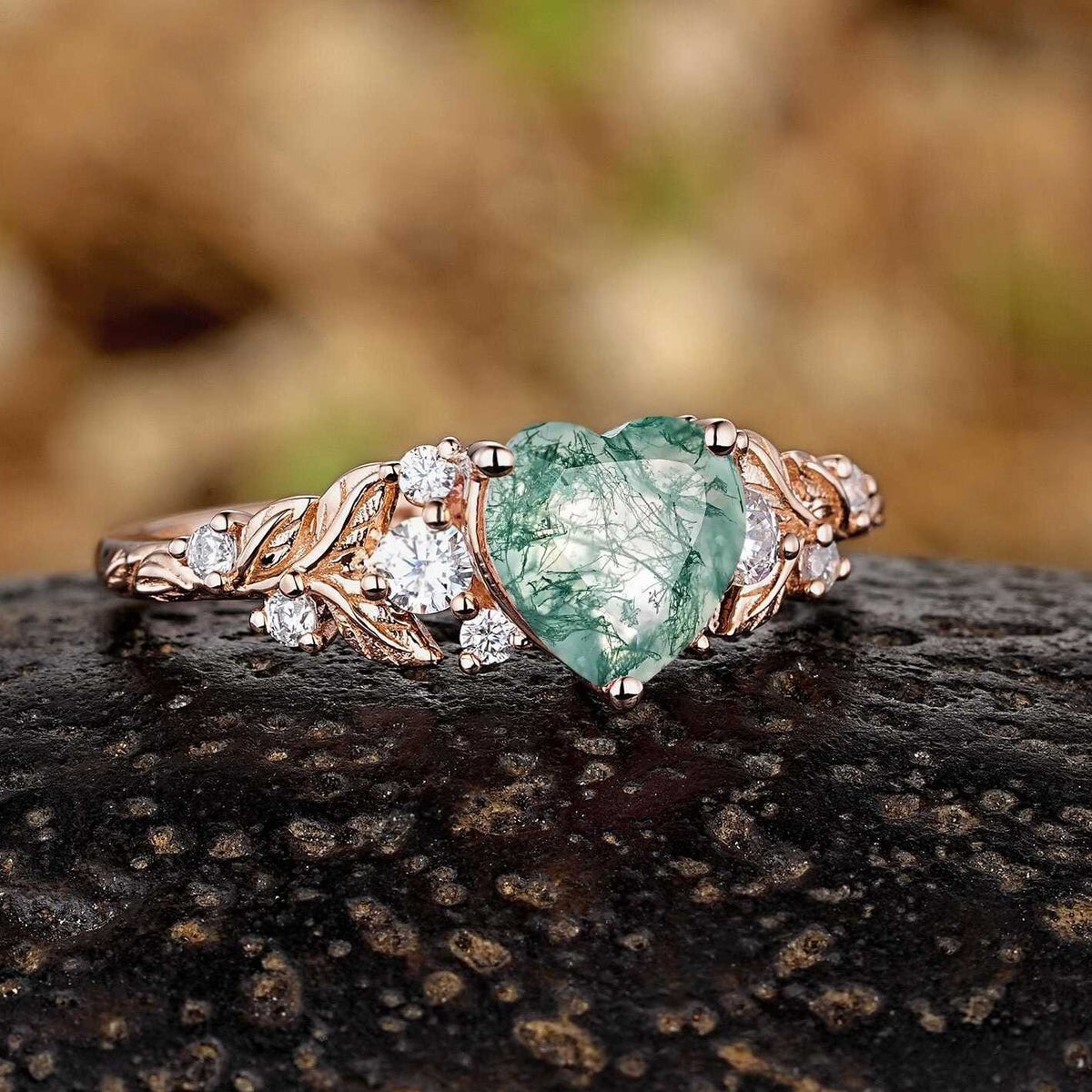 Vintage Leaf Cluster Heart Cut Green Moss Agate Engagement Ring