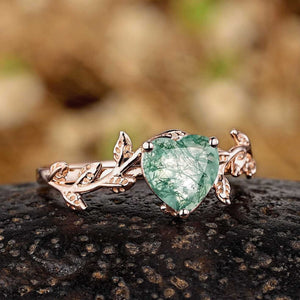 Nature Inspired Heart Cut Green Moss Agate Engagement Ring
