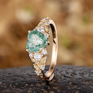 Vintage Leaf Cluster Heart Cut Green Moss Agate Engagement Ring