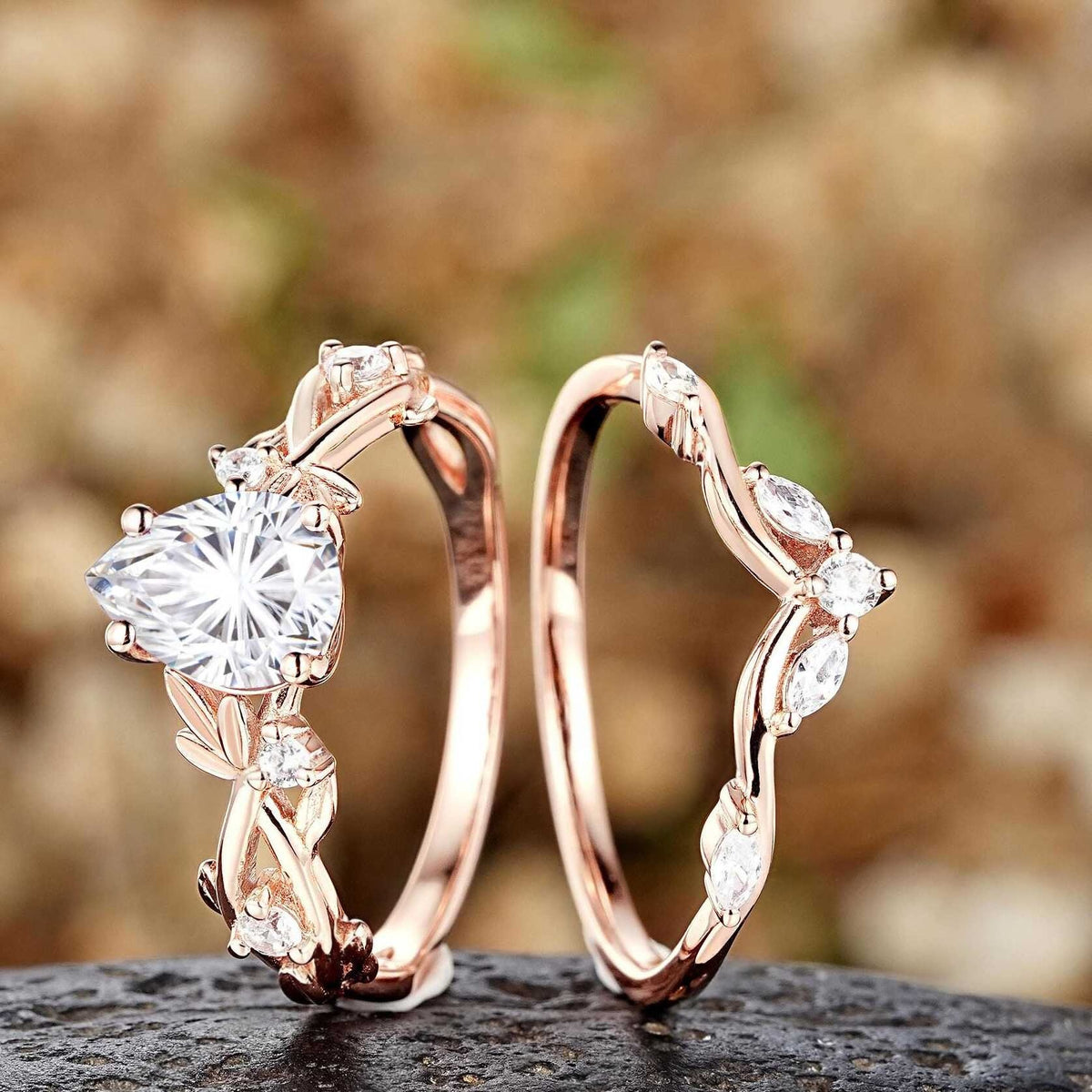 Leaf & Vine Pear Cut White Moissanite Engagement Ring Set