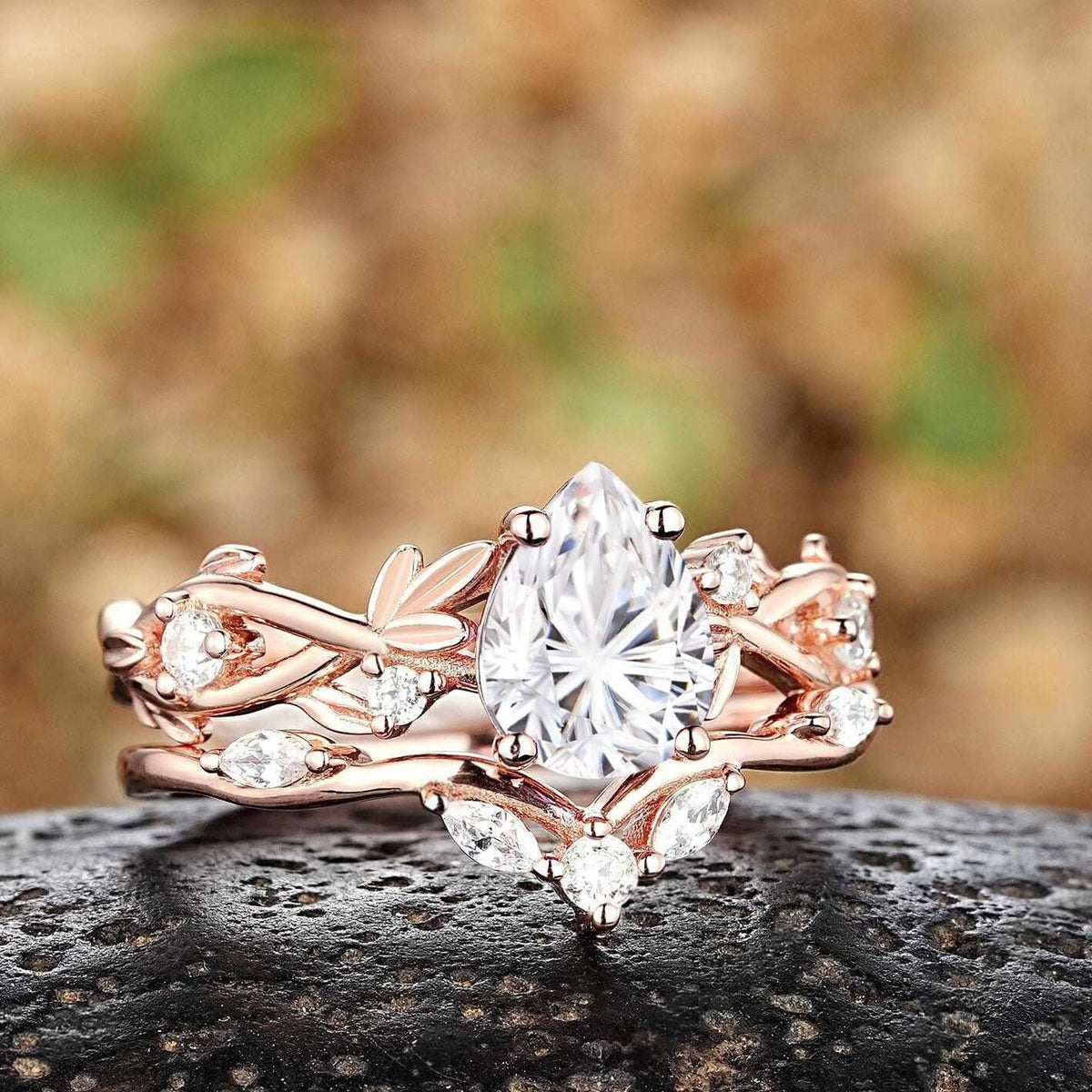 Leaf & Vine Pear Cut White Moissanite Engagement Ring Set