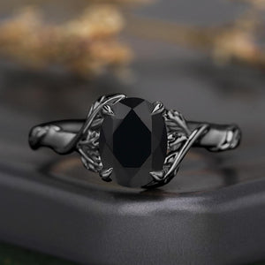 Leaf & Vine Oval Black Onyx Engagement Ring
