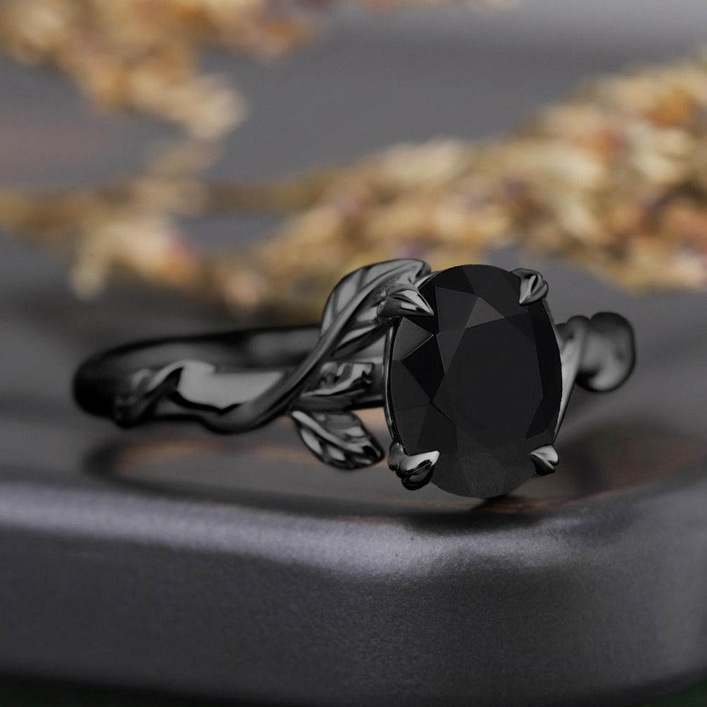 Leaf & Vine Oval Black Onyx Engagement Ring