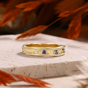 Vintage Leaf Vine Blue Sapphire Accent Wedding Band
