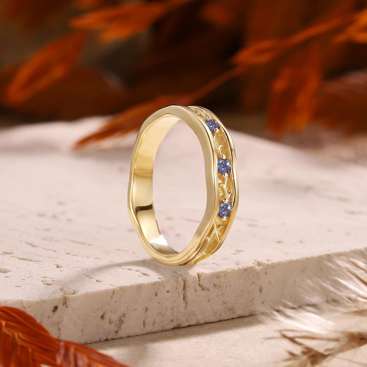 Vintage Leaf Vine Blue Sapphire Accent Wedding Band