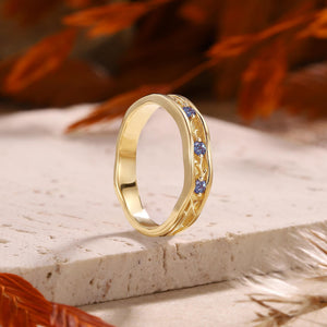 Vintage Leaf Vine Blue Sapphire Accent Wedding Band