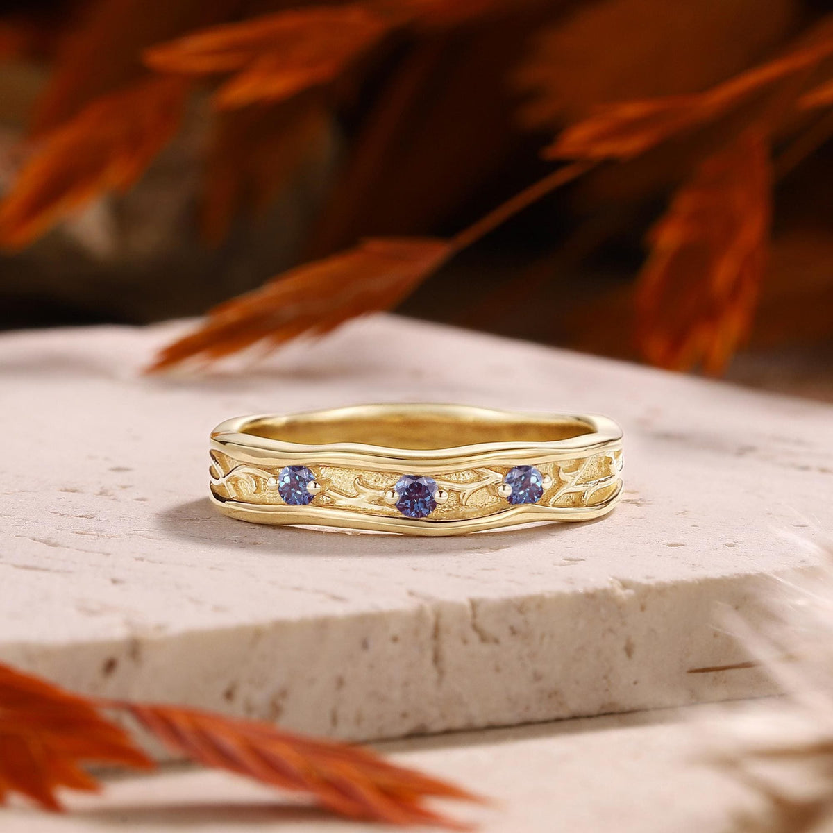 Vintage Leaf Vine Blue Sapphire Accent Wedding Band