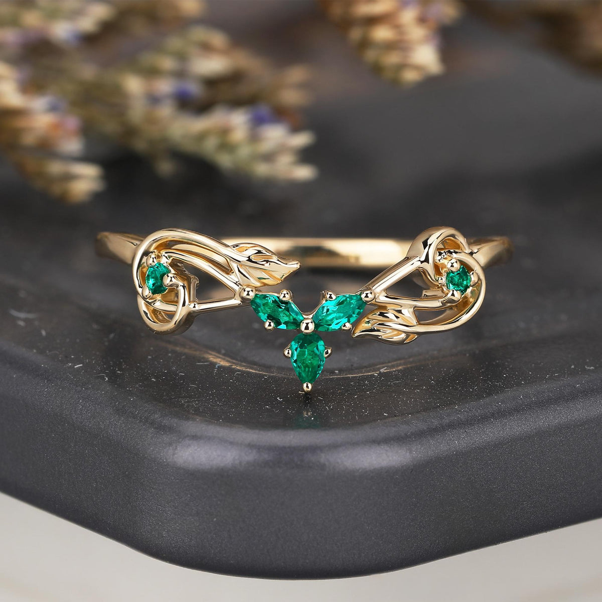 Nature Inspired Leaf & Vine Emerald Curved Wedding Band