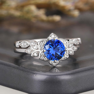 Floral Cluster Round Blue Sapphire Engagement Ring Set