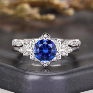 Floral Cluster Round Blue Sapphire Engagement Ring Set