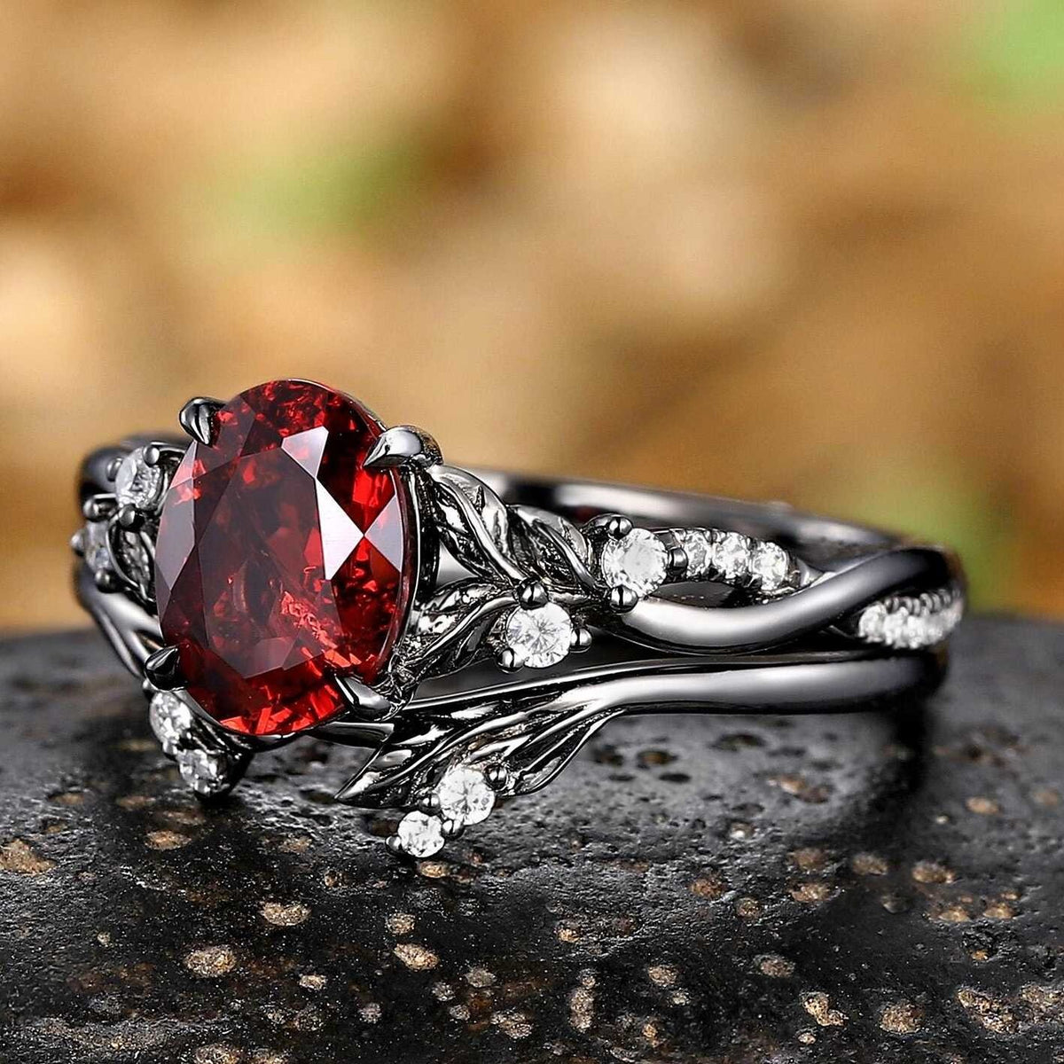 Gothic Black Gold Leaf Oval Red Garnet Engagement Ring Set