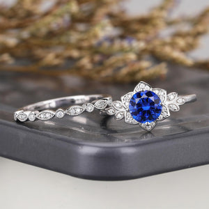 Floral Cluster Round Blue Sapphire Engagement Ring Set