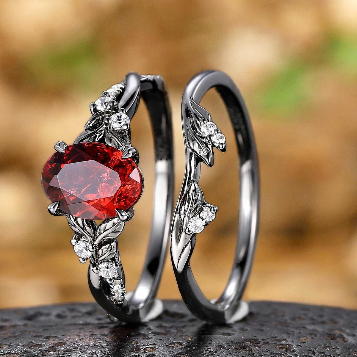 Gothic Black Gold Leaf Oval Red Garnet Engagement Ring Set