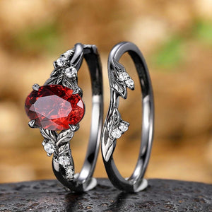 Gothic Black Gold Leaf Oval Red Garnet Engagement Ring Set
