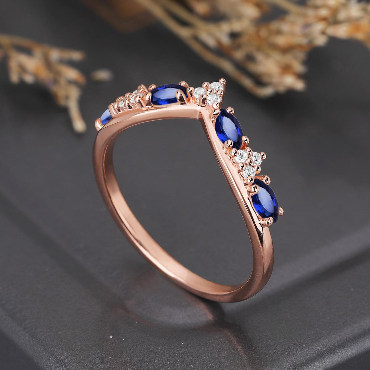 Vintage Marquise Blue Sapphire Curved Wedding Band