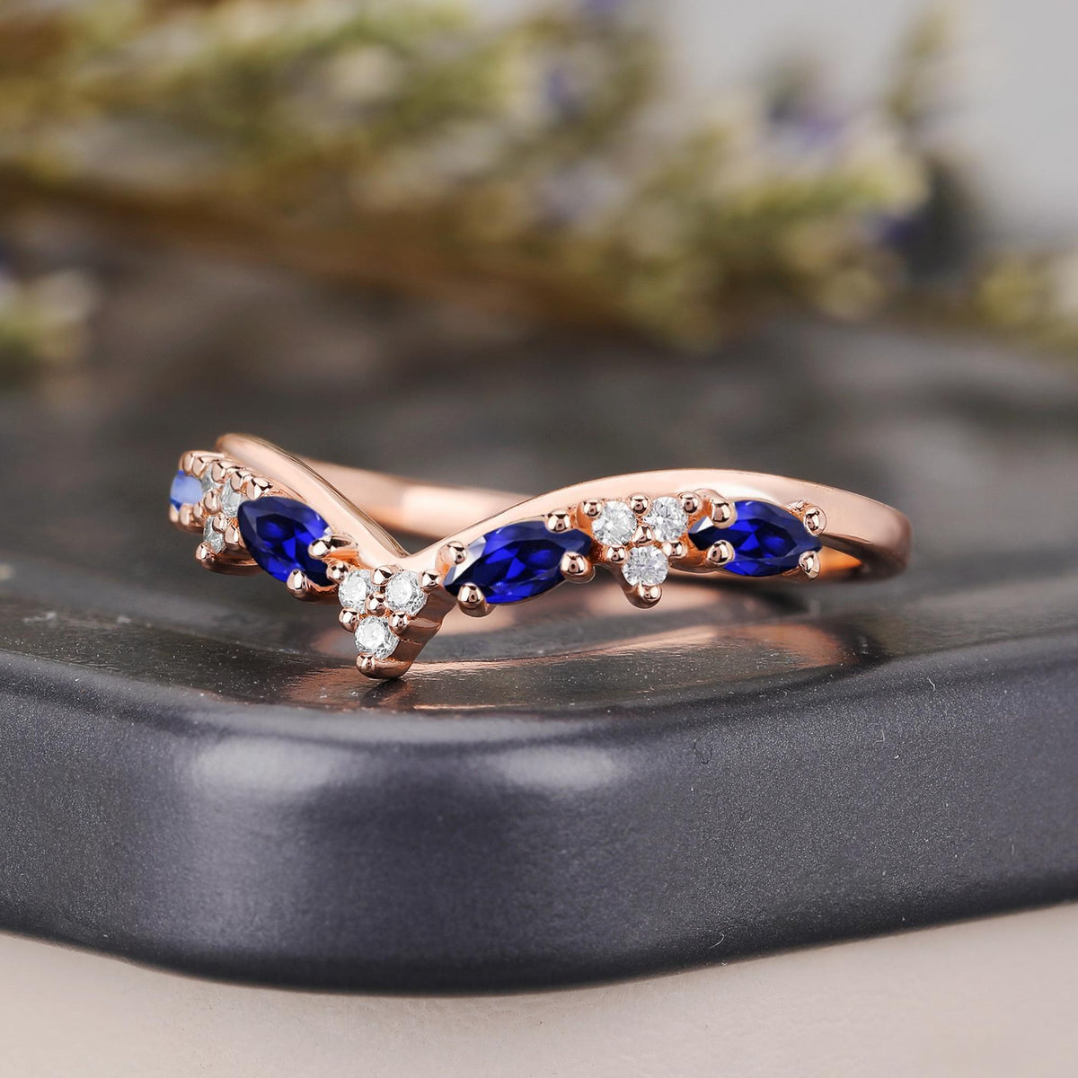 Vintage Marquise Blue Sapphire Curved Wedding Band