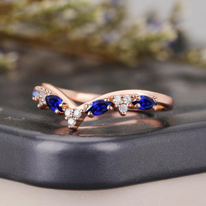 Vintage Marquise Blue Sapphire Curved Wedding Band